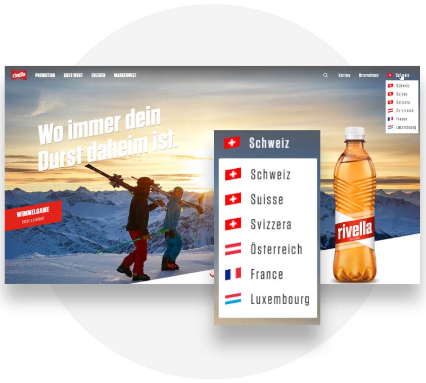 Ländervarianten der Rivella Corporate-Webseite